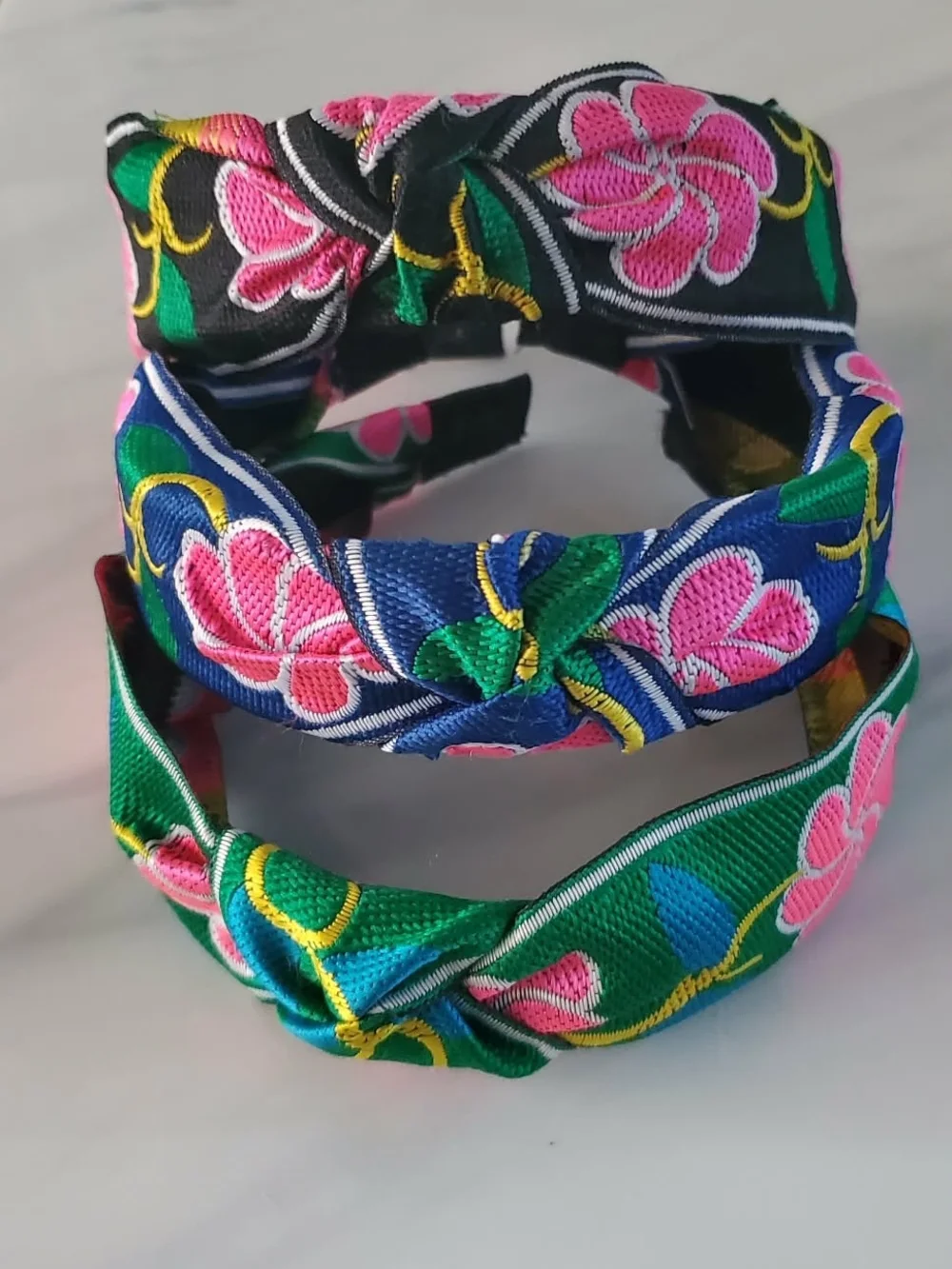3 X$13 Floral Embroidered Knot Headband - Pink Flowers on Green/Blue/Black